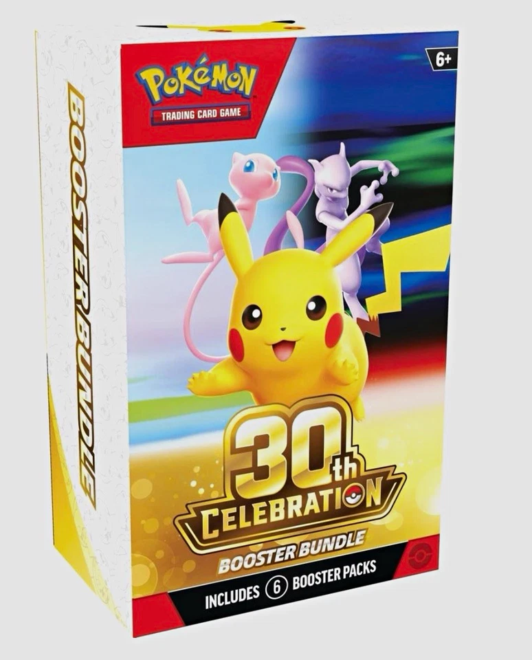 Pokémon TCG 30th Celebration Booster Bundle with Pikachu, Mew, and Mewtwo on the packaging