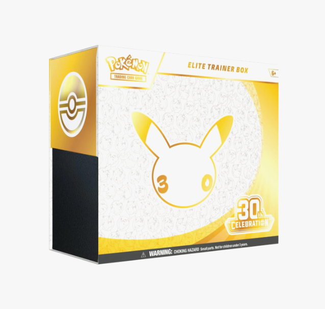 Pokémon TCG 30th Celebration Elite Trainer Box with gold-and-white Pikachu packaging