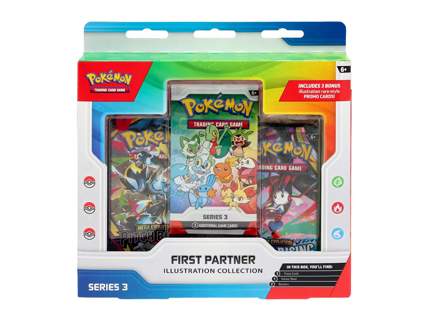 Pokémon TCG First Partner Illustration Collection Series 3 with a promo-card pack and two booster packs