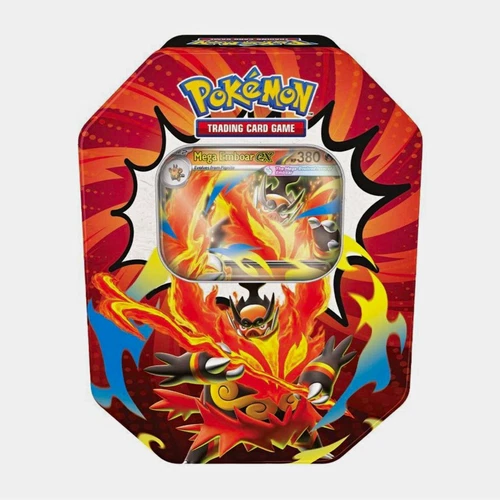 Pokémon TCG Mega Emboar ex tin with red and orange artwork